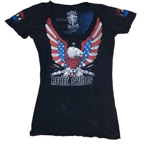 REBEL SAINTS Slim Fit V-Neck T-Shirt Women's Size M Black Red Bling